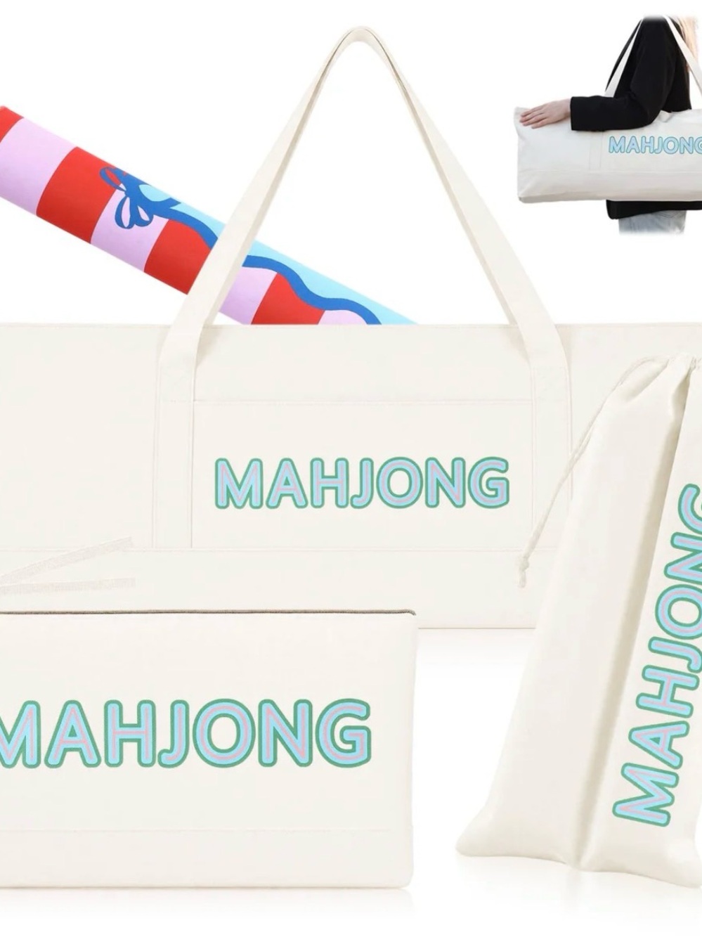 MAHJONG Canvas Game Carry Bag Set - Cream with Teal Accent